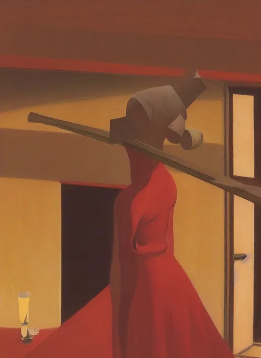 Image similar to women in paper bag over the head and a sward at catwalk restaurant Edward Hopper and James Gilleard, Zdzislaw Beksinski, highly detailed