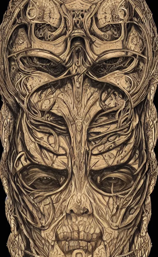 Image similar to H.R. Giger and Elden Ring themed painting of ancient hybrid majestic aztec shaman fantasy cyber human beautiful symmetrical face angry mask closeup face mask tattoo pattern golden ratio concept, deep forest psytrance Neo-Gothic concept, infinity glyph waves, intricate artwork masterpiece, very coherent artwork, cinematic, full frontal facial features by Artgerm, Takato Yamamoto, Zdizslaw Beksinski, Johnatan Wayshak, Moebius, Ayami Kojima, very coherent artwork, trending on cgsociety, ultra high quality model, production quality cinema model, high detail chromatic ink outline, octane render, unreal engine 8k, hyper realism, high detail, octane render, unreal engine, 8k, High contrast