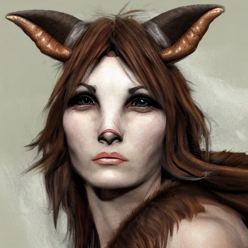 Image similar to fantasy portrait of female Minotaur with brown and white fur, close up, concept art