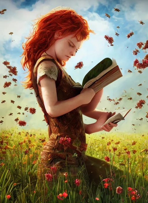 Image similar to An epic fantasy comic book style portrait painting of a young red headed girl reading a book in a field of flowers surrounded by bees, unreal 5, DAZ, hyperrealistic, octane render, cosplay, RPG portrait, dynamic lighting