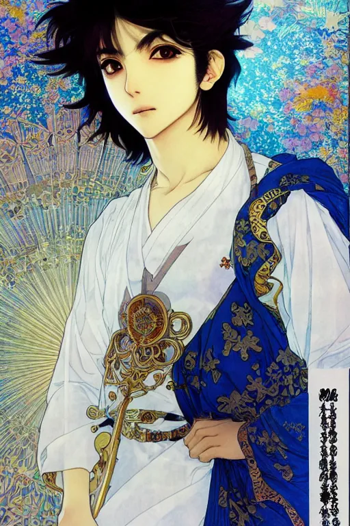 Image similar to beautiful medium shot manga portrait of young arabic man inspired by ayami kojima with short hair dressed with a white t - shirt, white background white bank studio light, art by yoshitaka amano, alfons mucha, hiroaki samura, jiro matsumoto and yusuke murata, sharp focus, high quality, 8 k