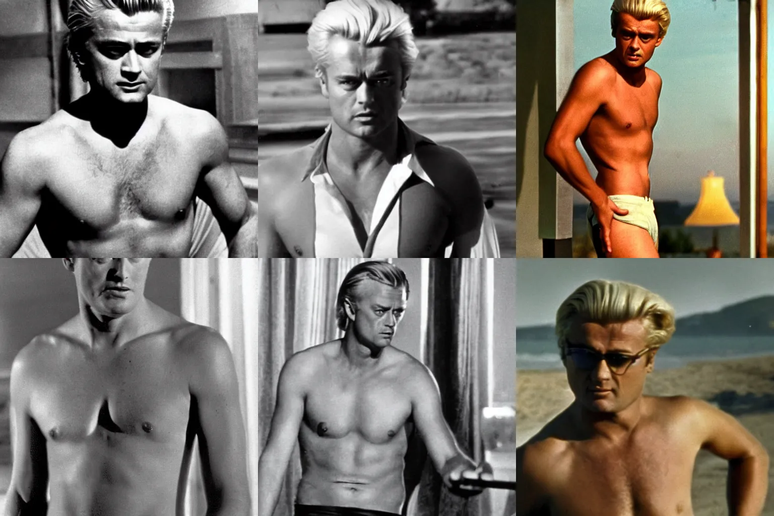 Prompt: Geert Wilders shirtless action filmstill, 1960s spy, golden hour