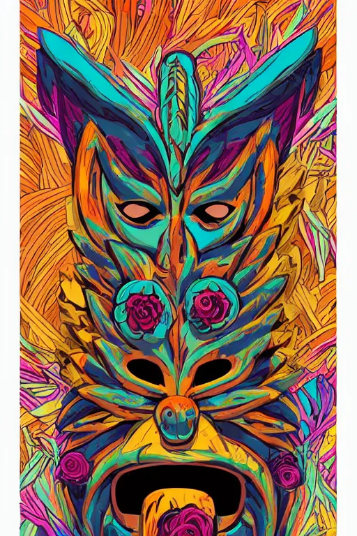 Image similar to animal mask totem roots flower tribal feather gemstone plant wood rock shaman vodoo video game vector cutout illustration vivid multicolor borderlands comics by josan gonzales and dan mumford radiating a glowing aura