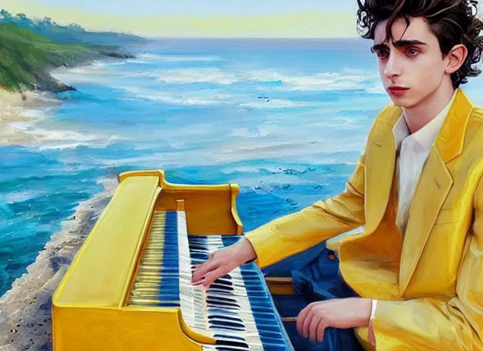 Prompt: :very detailed:masterpiece:digital:Timothee Chalamet:golden suit:featured in artstation+digitally painted by WLOP:yellow+blue+pink:⭐:beach+sunny day:playing piano+colorful piano-H 900