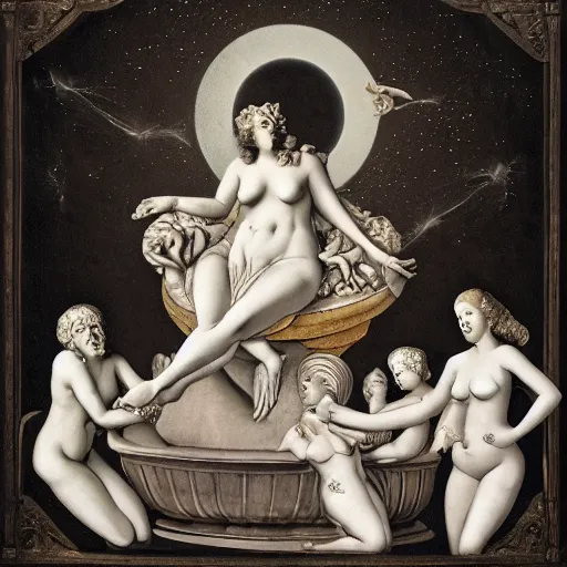 Image similar to the print shows venus seated on a crescent moon. she is surrounded by the goddesses ceres and bacchus, who are both holding cornucopias. pale by nagel patrick, by marco mazzoni, by miriam schapiro apocalyptic, rendered in unrealengine