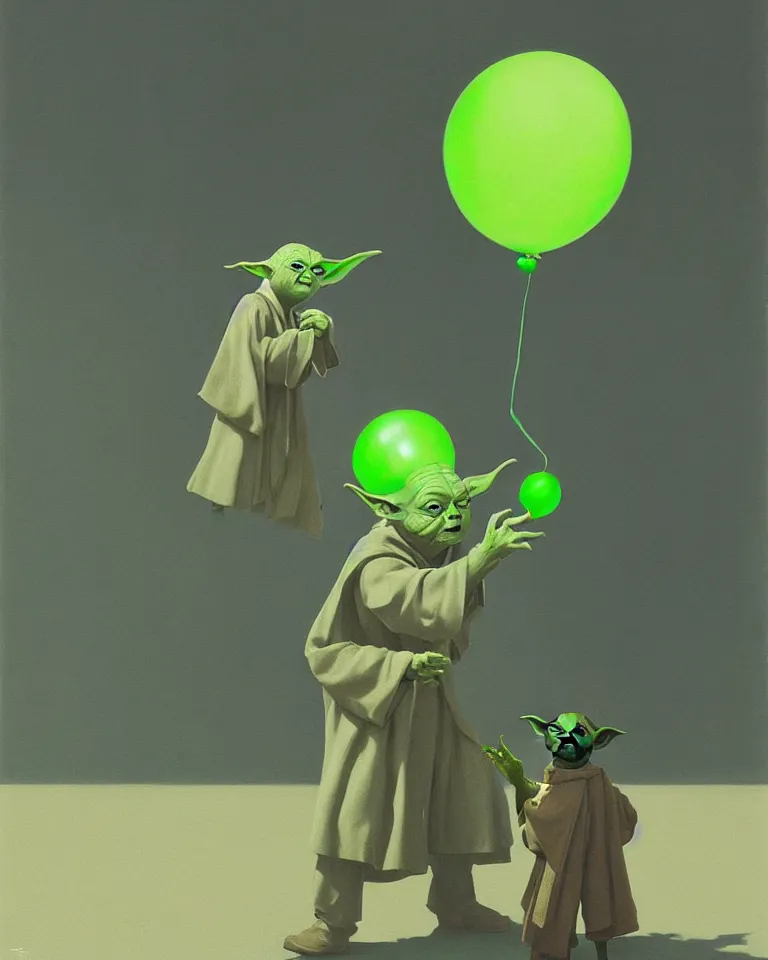 Image similar to yoda holding a green balloon in the tokyo suburbs by edward hopper and james gilleard, zdzislaw beksinski, highly detailed, trending on artstation, sigma 5 0, hyper realistic