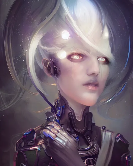 Image similar to holy cyborg necromancer girl, elegant, scifi, futuristic, utopia, garden, illustration, atmosphere, top lighting, blue eyes, white hair, focused, artstation, highly detailed, art by yuhong ding and chengwei pan and serafleur and ina wong