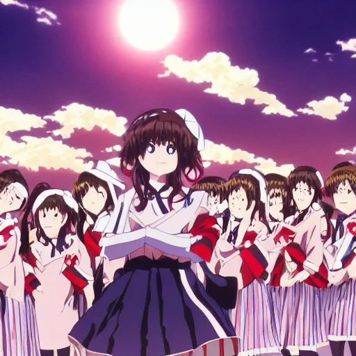 Image similar to kumiko Oumae in Anime style Surrounded by a field of Euphoniums during a partly cloudy sunset featuring Reina Kousaka