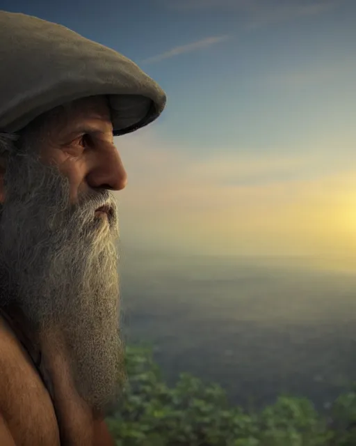 Prompt: an ancient jewish man looking over a strikingly beautiful stunning nature horizon, very realistic, highly detailed, photorealistic, dusk