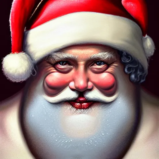 Image similar to frontal upper view of santa claus that is evil, cream colored cap, cream colored robe, red grinning mouth, cream colored background, fine art, award winning, intricate, elegant, sharp focus, cinematic lighting, digital painting, 8 k concept art, by michael hussar and greg manchess and brom and z. w. gu, 8 k