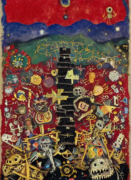 Prompt: pixel decollage painting tarot lovers card composition tower of babel road red armor maggot bear and wonky alien frog skeleton knight on a horse in a dark red cloudy night sky with golden foil jewish stars, occult symbols and diamonds, mountain lake and blossoming field in background, painted by Mark Rothko, Helen Frankenthaler, Danny Fox and Hilma af Klint, pixelated, neo expressionism, semi naive, pastel colors, cinematic, color field painting, cave painting, voxel, pop art look, outsider art, minimalistic. Bill Traylor painting, part by Philip Guston, Amano and Francis Bacon. art by Adrian Ghenie, very coherent symmetrical artwork, cinematic, hyper realism, high detail, octane render, unreal engine, Smooth gradients, depth of field, full body character drawing, extremely detailed, 8k, extreme detail, intricate detail, masterpiece