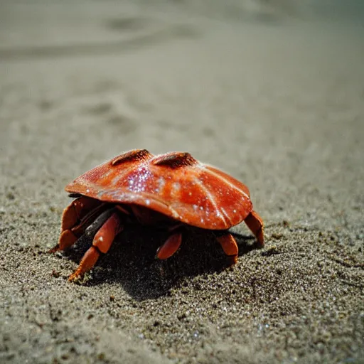 Prompt: An extreme close up of a large hermit crab in the sand, high DOF, National Geographic, F 1.8, Kodak Portra