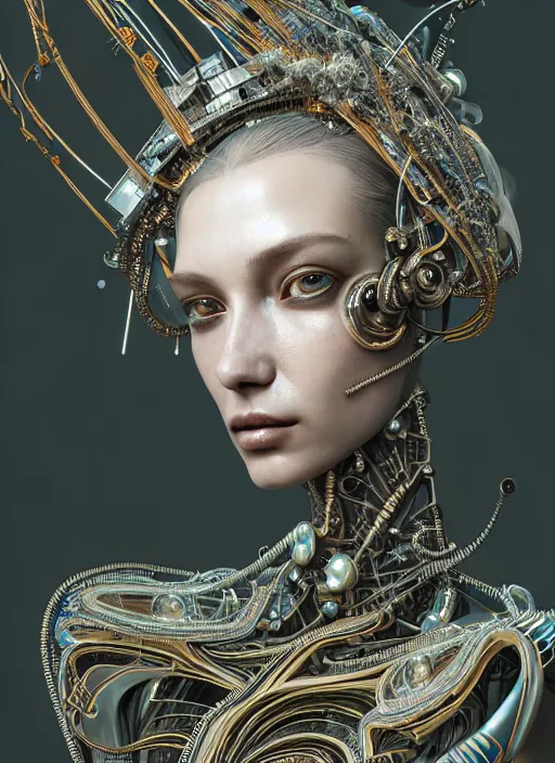 Prompt: portrait of an absurdly beautiful, graceful, sophisticated, fashionable cyberpunk mechanoid, hyperdetailed illustration by irakli nadar and vania zouravliov, matt wisniewski style, intricate linework, mother of pearl porcelain skin, faberge headdress, unreal engine 5 highly rendered, global illumination, radiant light, detailed and intricate environment