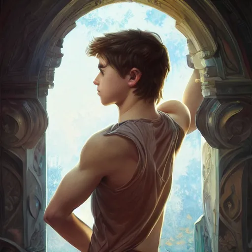 Image similar to photography of teenage boy in tanktop, deep focus, d & d, fantasy, intricate, elegant, highly detailed, digital painting, artstation, concept art, matte, sharp focus, illustration, hearthstone, art by artgerm and greg rutkowski and alphonse mucha