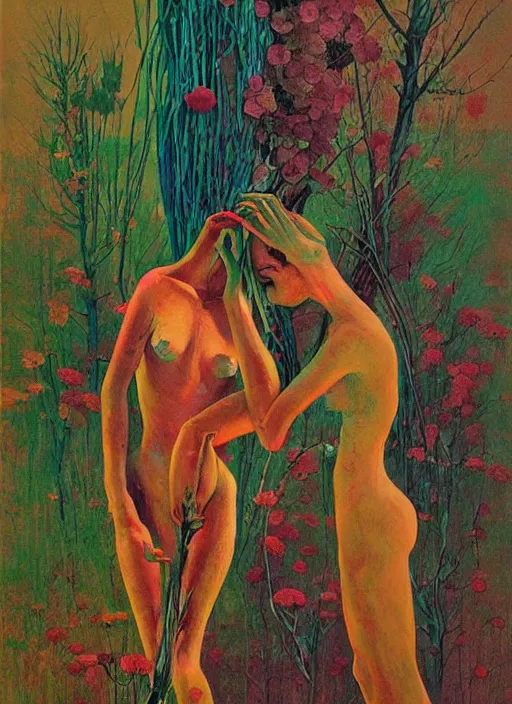 Prompt: women made of twigs and colorful flowers hugging Edward Hopper and James Gilleard, Zdzislaw Beksinski, highly detailed