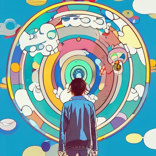 Image similar to a man walking on clouds away from the camera above kyoto by takashi murakami, beeple and james jean, aya takano color style, 4 k, super detailed, modern, 4 k, symmetrical