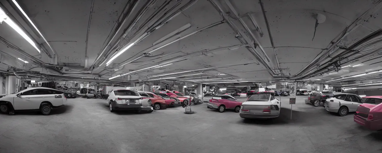 Prompt: highly detailed underground parking garage, cars, trucks, fisheye, fluorescent ceiling lights, by Beeple and Syd Meade, concept art, octane render, 8k HDR, artstation