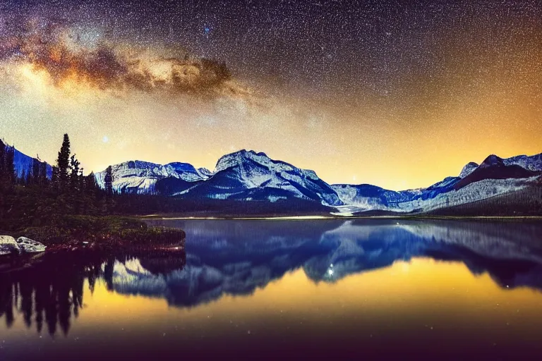 Prompt: beautiful nighttime landscape photography of the Rocky Mountains with a crystal blue lake, hyper detailed milky way galaxy sky, serene, dramatic lighting, hyperrealist reflections on the water surface, wide angle lens