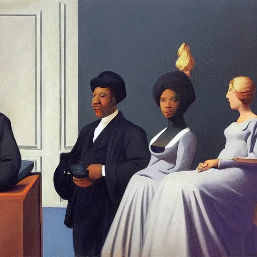 Prompt: French-Black-Royalty giving a speech by Raphael, Hopper, and Rene Magritte. detailed, romantic, enchanting, trending on artstation.