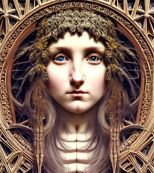 Prompt: hyperrealistic detailed face portrait of a beautiful long haired young goddess morphing into a gothic cathedral, authentic ornamental architecture, art by ernst haeckel, john william godward, android jones, h. r. giger, gothic, neo - gothic, heavily ornamental,