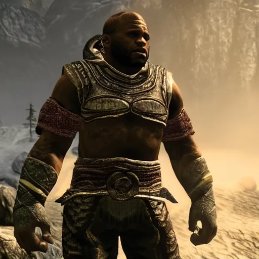 Image similar to character screenshot of ufc commentator daniel cormier dc in skyrim, warrior armor, npc talking, wilderness, 1 0 8 0 p, bokeh, elder scrolls v, detailed, dialog text