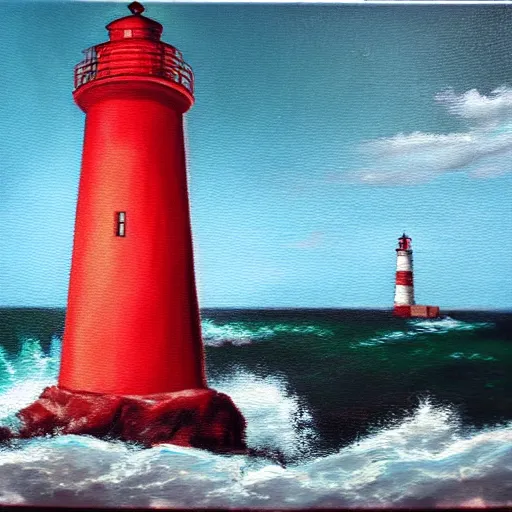 Prompt: an oil painting of a lighthouse overlooking an ocean made of blood, epic