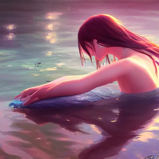 Image similar to woman sitting with her feet in a lake, beautiful and relaxing, very very very long hair, Makoto Shinkai ilya kuvshinov and Wojtek Fus