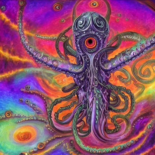 Prompt: angelic ophanim Lovecraftian horror covered in eyes tentacles and wings, oil painting award winning, chromatic aberration sharp colors, fractal geometry insane angel