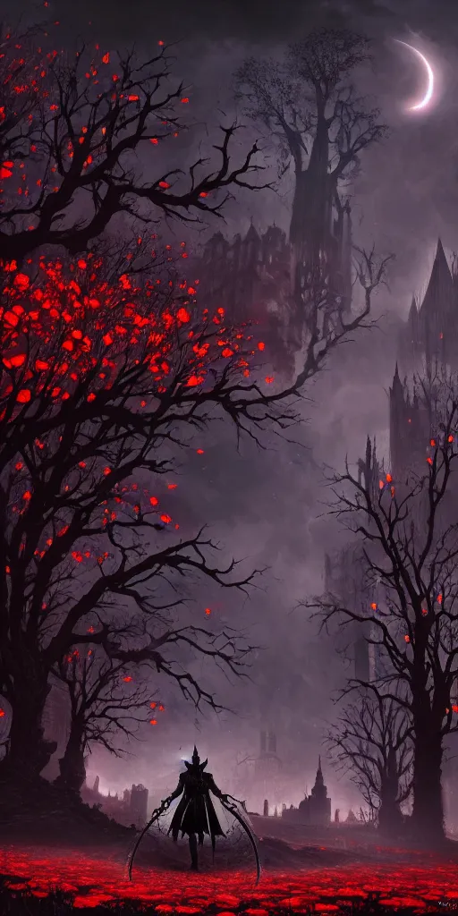 Image similar to abandoned bloodborne old valley with a obscure person at the centre and a ruined gothic city in the background, trees and stars in the background, falling red petals, epic red - orange moonlight, perfect lightning, wallpaper illustration by niko delort and kentaro miura, 4 k, ultra realistic