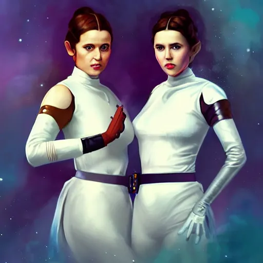 Image similar to princess leia organa and queen padme amidala holding hands, perfect face, perfect body, flirty, full body portrait, digital art by artgerm