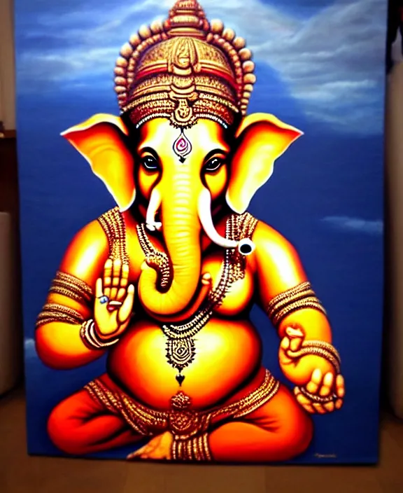 Prompt: 8 k, hyper realistic painting of lord ganesha in a warrior pose in the middle of mumbai