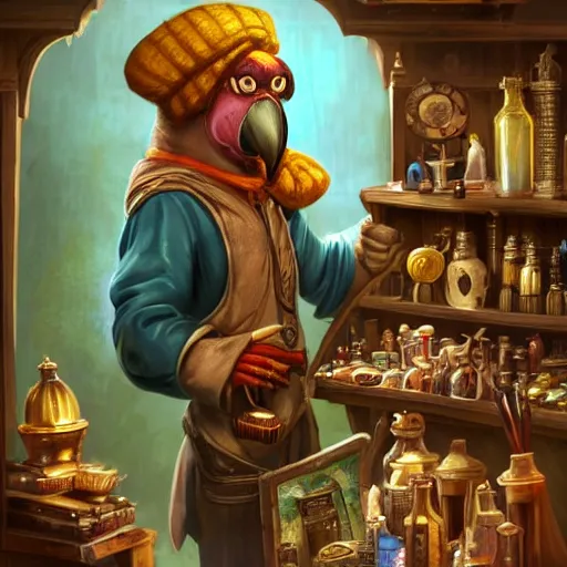 Image similar to Anthropomorphized parrot trader in his shop, shelves full, selling a gem, portrait, items, magic potions, carpet, window, sly expression , cunning expression, cute expression, presenting magic gem, D&D, fantasy, cinematic lighting, highly detailed, digital painting, artstation, concept art, smooth, sharp focus, illustration, warm light, cozy warm tint, magic the gathering artwork, volumetric lighting, 8k, no gold, no gold colours, art by Akihiko Yoshida, Greg Rutkowski