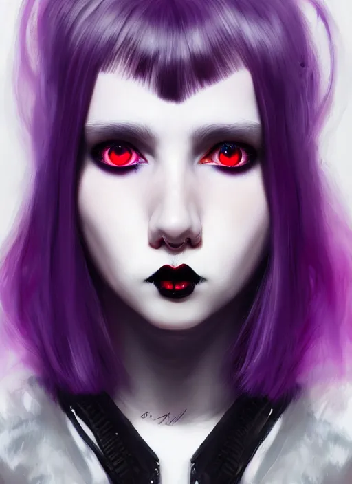 Image similar to portrait of white teenage girl, normal face, white bangs, mall goth, cyberlox, black and white hair, bangs, fluffy bangs, red contact lenses, purple lipstick, intricate, elegant, highly detailed, digital painting, artstation, concept art, sharp focus, smooth, illustration, art by wlop, mars ravelo and greg rutkowski