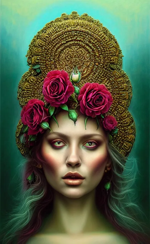 Image similar to portrait of a beautiful rose goddess, unusual beauty, esoteric, outher worldly colours, head in focus, fantasy art, ornamental rose turquoise aesthetics,, intricate, elegant, highly detailed hyperrealistic painting, artstation, concept art, painterly, golden ratio, sharp focus, illustration, art by tomasz alen kopera