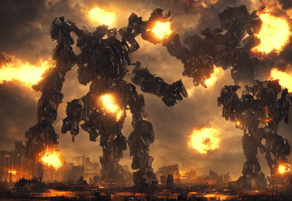 Image similar to mecha peronist destroying a city, photorealistic, film, cinematic lighting, octane tender, volumetric light, dark - art