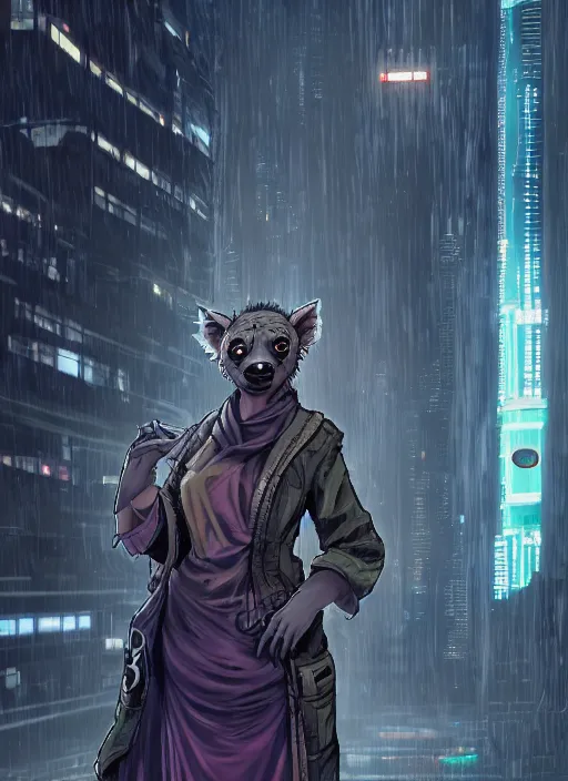 Image similar to character portrait of a female anthro hyena fursona with long black curly hair wearing jedi robes in a cyberpunk city at night while it rains. hidari, color page, tankoban, 4K, tone mapping, Akihiko Yoshida.