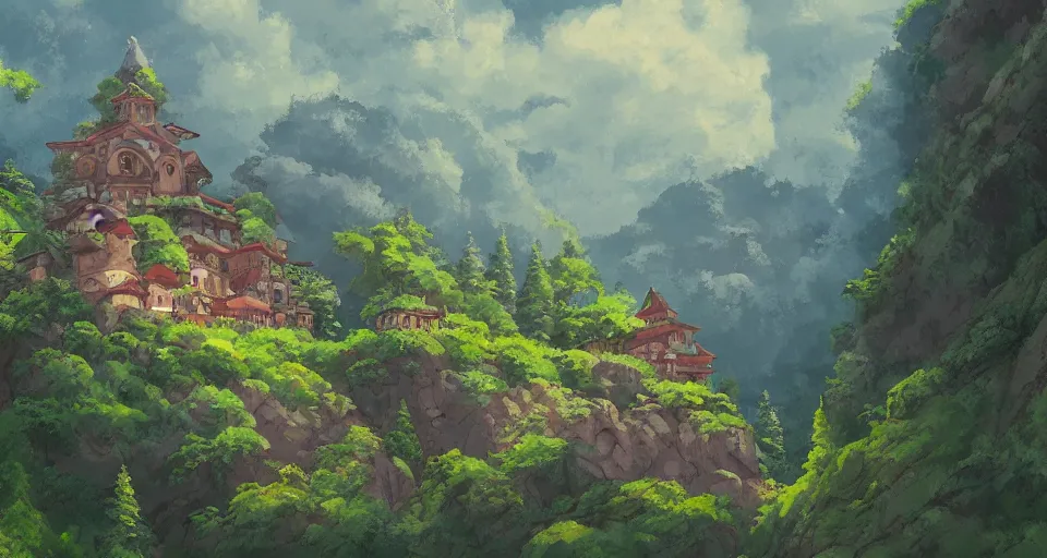 Prompt: view of a monastery on a forested mountain, in the style of studio ghibli, distant, detailed, artstation, award winning painting,