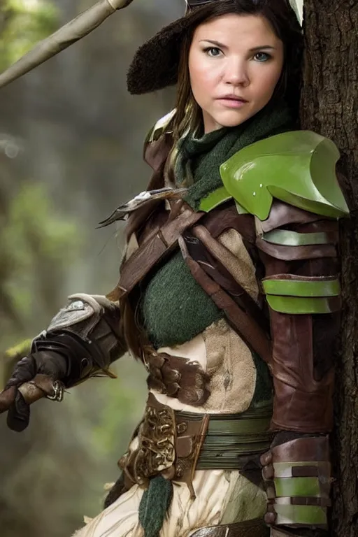 Image similar to fantasy character photo. female ranger. danielle campbell. facial expression of manic obsessive love. tall, lanky, athletic, wiry. brown dark forestgreen leather armor. little feathered hat, lightgreen, jauntily angled. black hair in ponytail. bright blue eyes. leaning against the exterior wall of a tavern