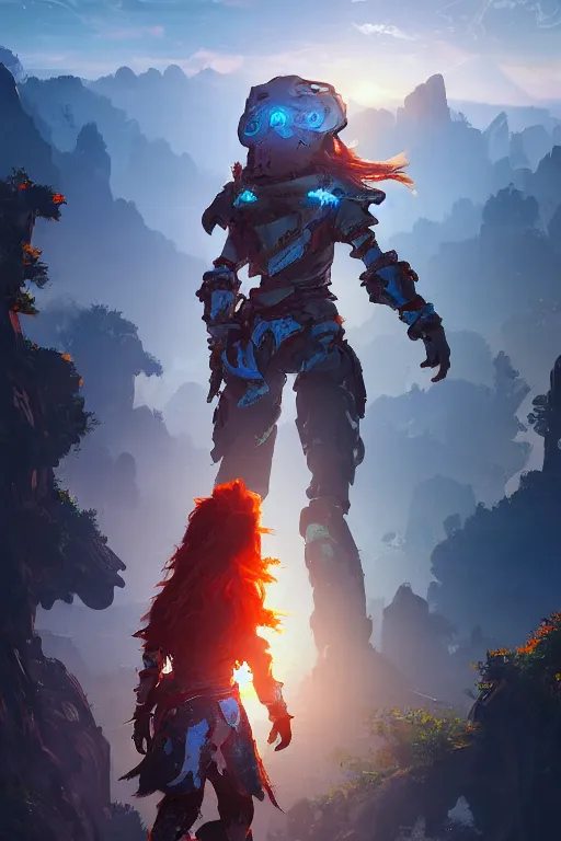 Image similar to combination suit armor aloy horizon forbidden west horizon zero dawn radiating a glowing aura global illumination ray tracing hdr fanart arstation by ian pesty and alena aenami artworks in 4 k tribal robot ninja mask helmet backpack