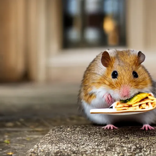 Image similar to detailed photo of a hamster eating a kebab, outdoors, various poses, full body, unedited, daylight, dof 8 k