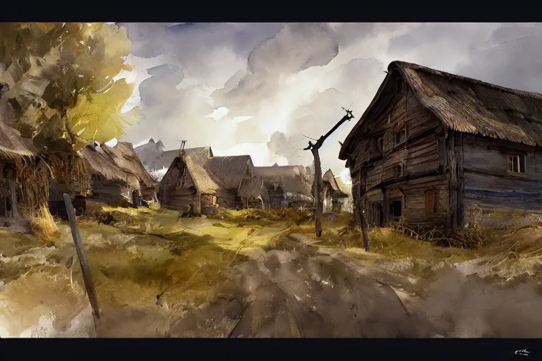 Image similar to paint brush strokes, abstract watercolor painting of rustic village house, medieval straw roof, scandinavian viking age, ambient lighting, art by hans dahl, by jesper ejsing, art by anders zorn, wonderful masterpiece by greg rutkowski, cinematic light, american romanticism by greg manchess, creation by tyler edlin