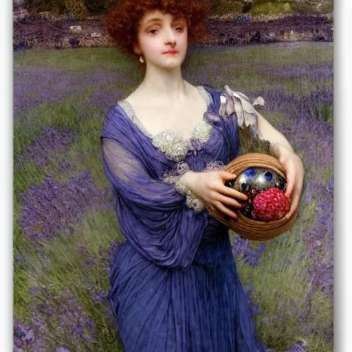 Image similar to a girl with three eyes on 5 translucent luminous spheres, full of floral and berry fillings, in an ocean of lavender color portrait painting by arthur rackham, eugene de blaas, frederic leighton