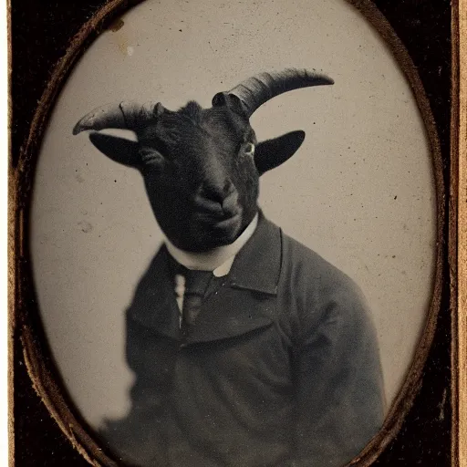 Image similar to daguerreotype photo of a man with a goat head, demonic, horror