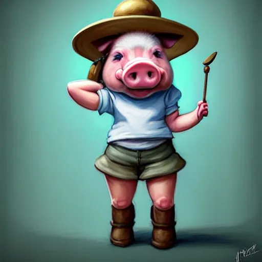 Image similar to cute little anthropomorphic funny female pig wearing shorts, a hat, boots and a pale blue shirt!! tiny!! fully clothed!!! small, short, cute and adorable, character art portrait, matte fantasy painting, deviantart artstation, by jason felix by steve argyle by tyler jacobson by peter mohrbacher, cinema