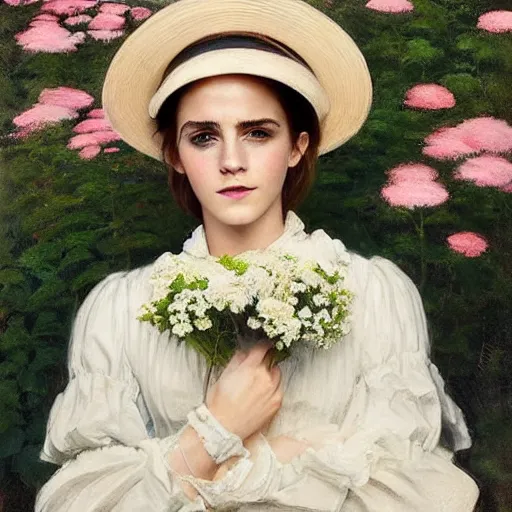 Image similar to sleeping thick paint brush strokes full body fashion model emma watson by Jeremy Lipking by Hasui Kawase by Richard Schmid (((smokey eyes makeup eye shadow fantasy, glow, shimmer as victorian woman in a long white frilly lace dress and a large white hat having tea in a sunroom filled with flowers, roses and lush fern flowers ,intricate, night, highly detailed, dramatic lighting))) , high quality