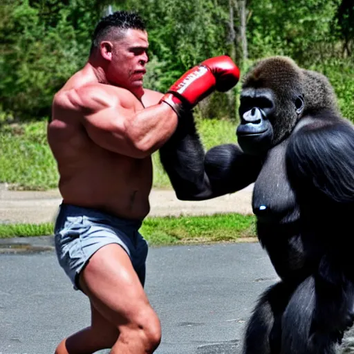 Prompt: a muscular man punches a raging gorilla in the face