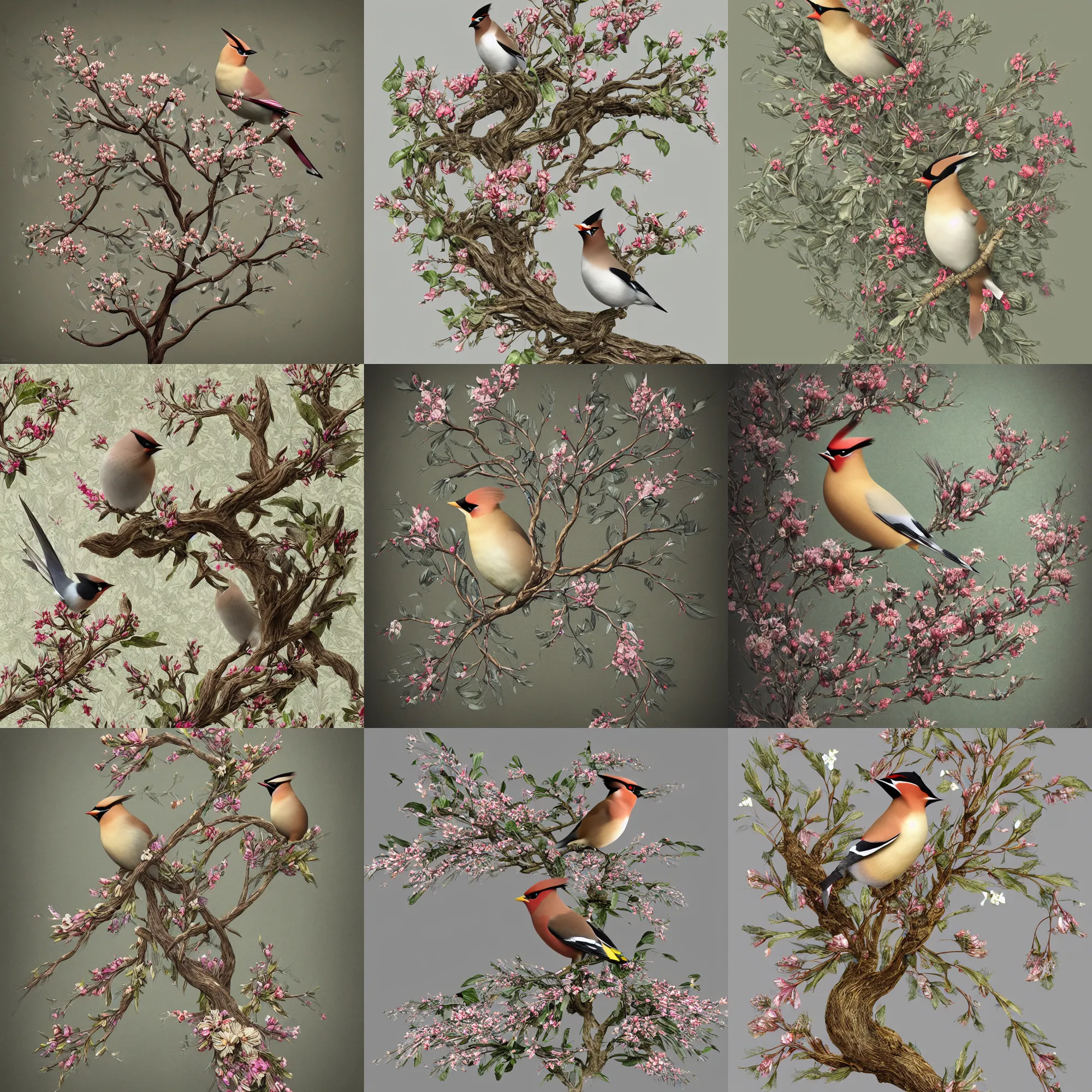 Prompt: 3 d render of ethereal bohemian waxwing bird, bombycilla garrulus, intricate details, ornate, detailed, octane 3 d render, johanna rupprecht, william morris, trending on artstation, a bird sitting on top of a tree filled with flowers, by marco mazzoni, trending on cgsociety, rococo, whimsical