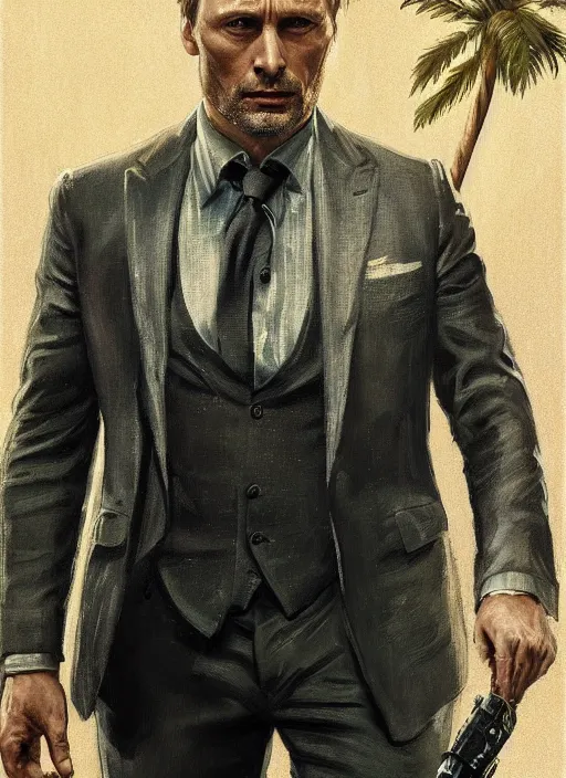 Image similar to portrait of mads mikkelsen as james bond, key art, palm trees, vintage aston martin, highly detailed, digital painting, artstation, concept art, cinematic lighting, sharp focus, illustration, by gaston bussiere alphonse mucha