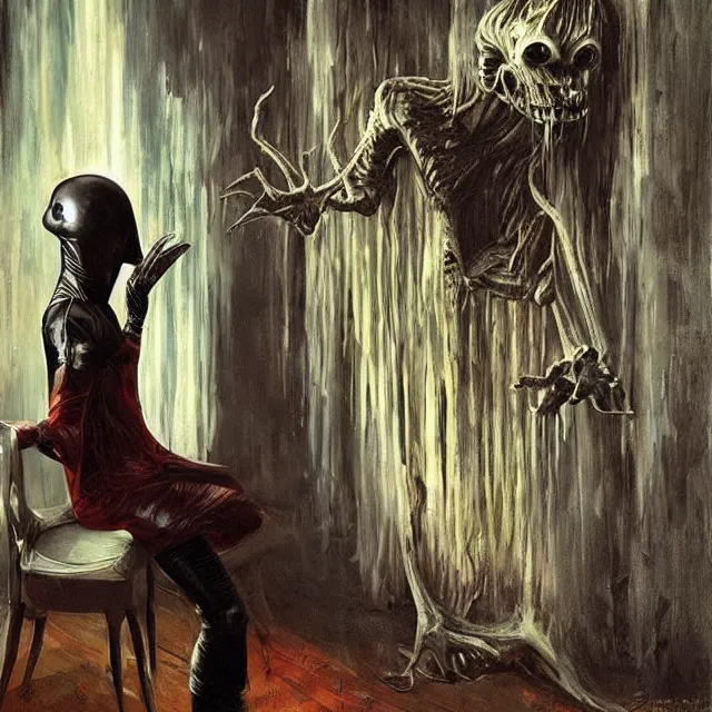 Image similar to a strange creature greeting a female explorer in a dining room, haunted house, masterpiece, rhads!!!, magical realism, urban fantasy, a hooded figure, a fierce woman, ( h. r. giger )