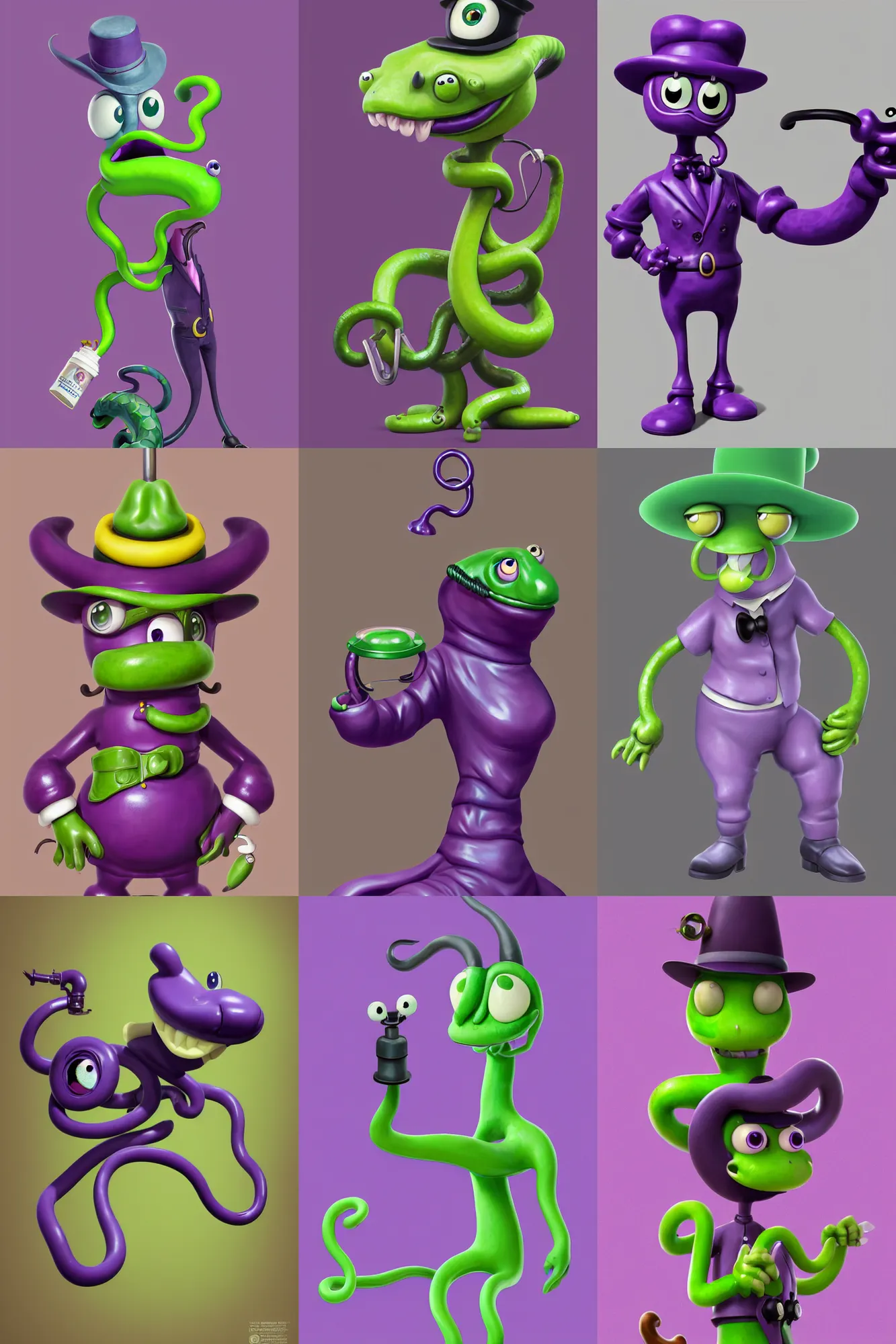 Prompt: anthropomorphic kawaii purple green cowboy snake oil salesman mascot, character design by Disney and Pixar, composition by Henri Cartier Bresson, sculpted in zbrush, minimal, Uncle Aloysius, dystopian, big eyes with eyelashes and twirly moustache, piston pumps of oil rig with bull horns, extremely detailed, digital painting, artstation, concept art, sharp focus, illustration, chiaroscuro lighting, golden ratio, rule of thirds, fibonacci